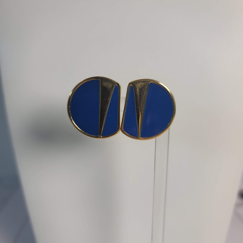 Monet Vintage Gold Tone Blue Enamel Geometric Clip On Earrings Statement Office